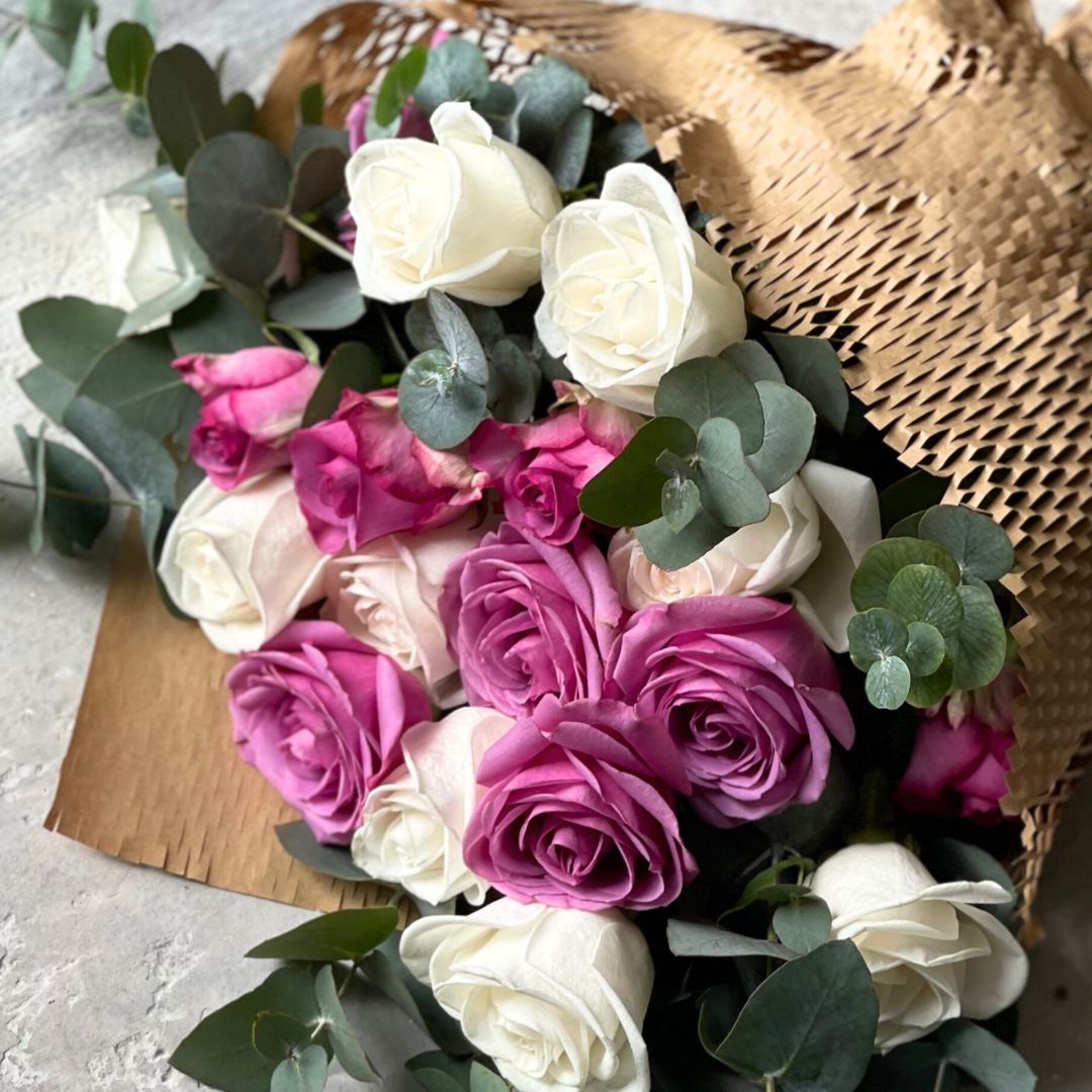 Purple & White Roses Happy Bunch